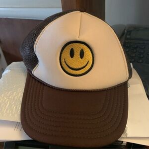 Brown and Cream Trucker Hat with Smiley Face